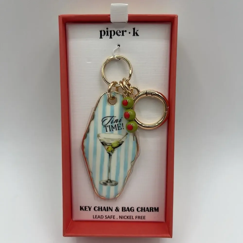 Piper K Tini Time Martini Glass Keychain Bag Charm Blue Stripe Beads Olive Retro